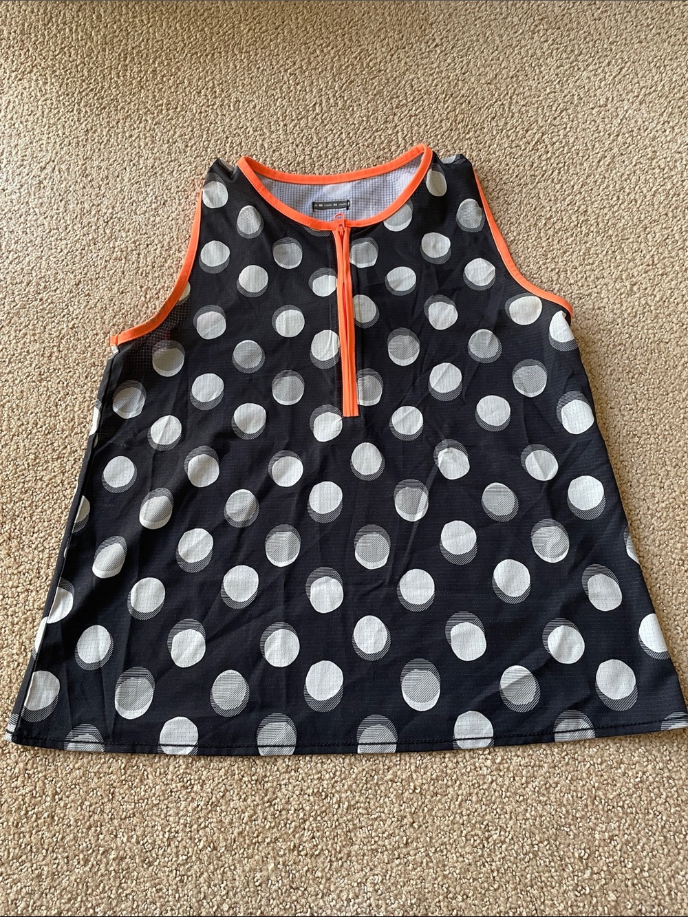 Oiselle Black Polka Dot Tank Top with Neon Orange Trim